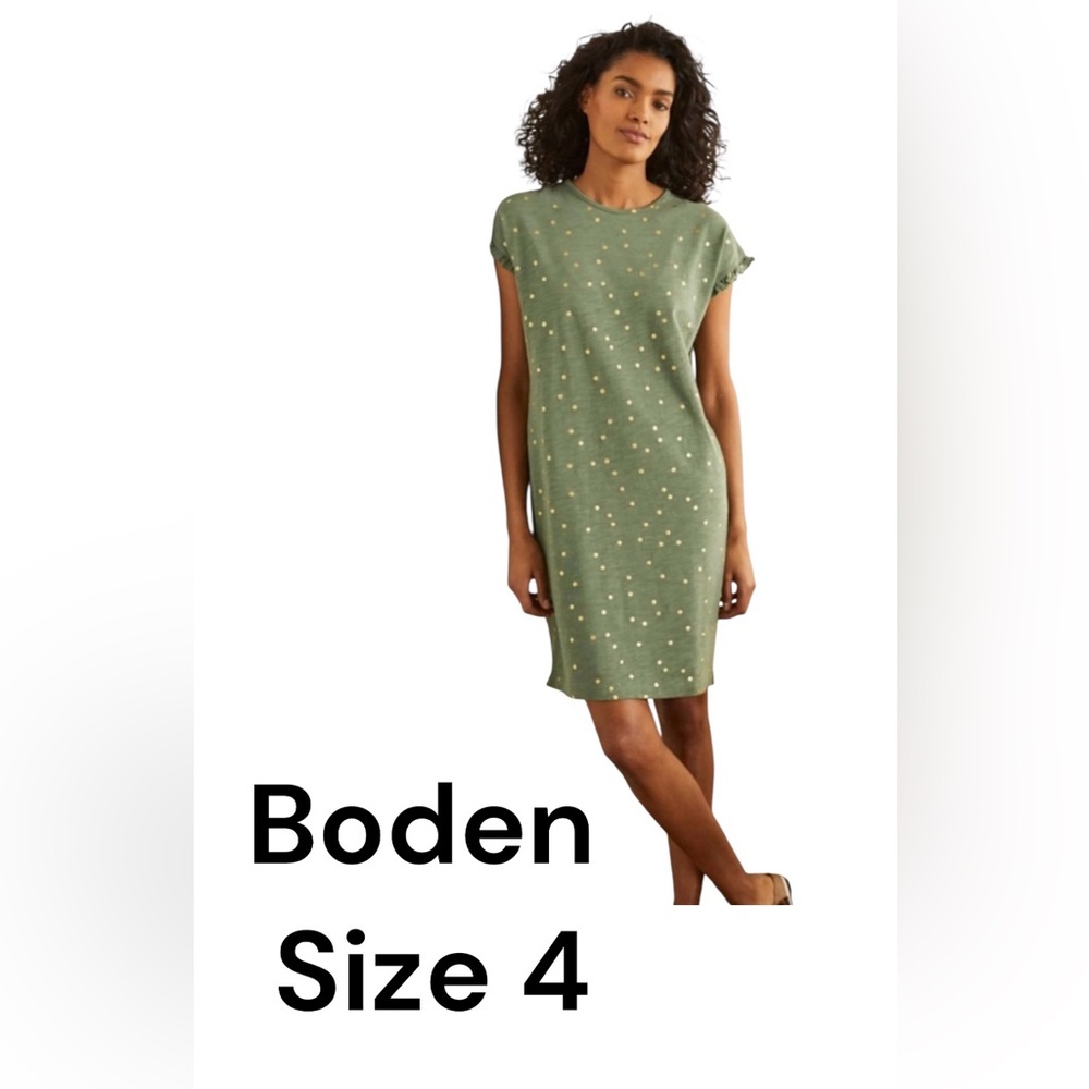 Boden Jersey T Shirt Dress Metallic Gold Dots Faye  Green Size 4
